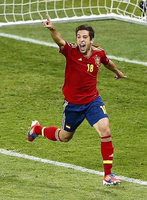 Spain's Jordi Alba celebrates his goal during their Euro 2012 final match against Italy