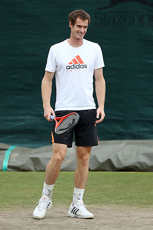 Andy Murray of Great Britain looks on during a practice session on Saturday