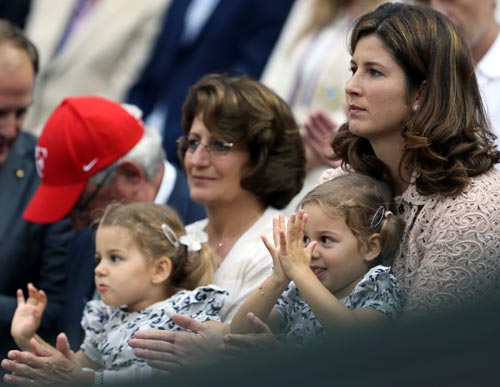 (Left to right): Roger Federer's dad Robert, mom Lynette, wife Miroslava Vavrinec with their twin daughters Myla Rose and Charlene Riva