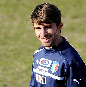 Fabio Borini smiles during an Italy training session