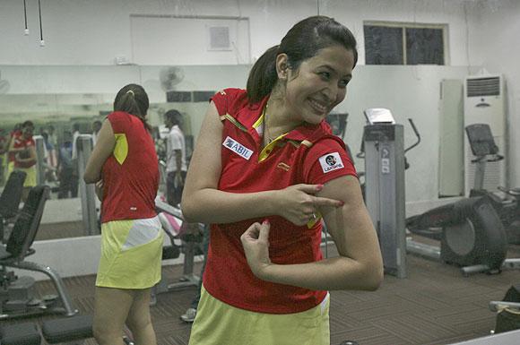 Jwala Gutta shows off her muscles during a gym session