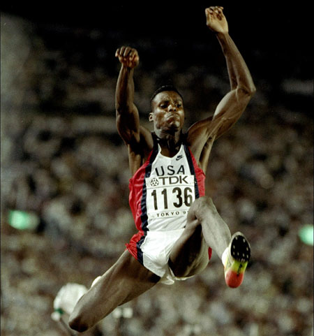 Carl Lewis of the USA in action during the Long Jump event of the World Championships at the Olympic Stadium in Tokyo