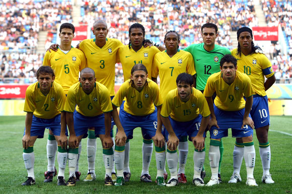 The Brazilian team lines up before the men's preliminary group C match between Brazil and Belgium at Shenyang Stadium on Day -1 of the Beijing 2008 Olympic Games