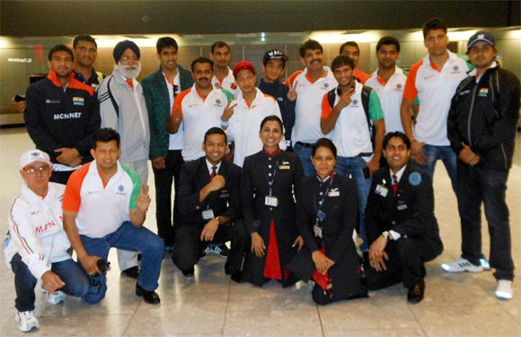 The Indian boxing team on their arrival at the Heathrow airport in London