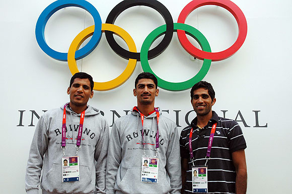 Indian rowing team members (from left) Sandeep Kumar, Swaran Singh, Manjit Singh at the Games Village