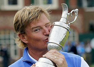 Ernie Els of South Africa kisses the Claret Jug after winning the British Open golf championship