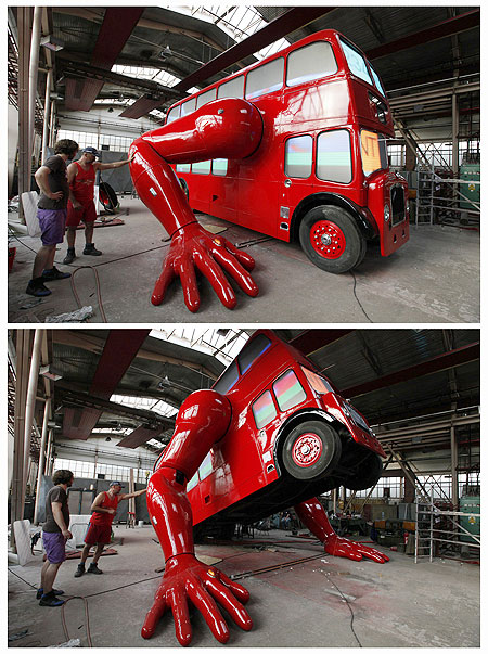 A combination picture shows a robot made from a London bus doing press-ups in Prague