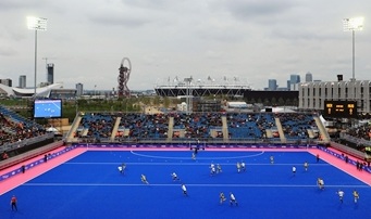 The blue tuerf that will be used at the London Olympics hockey tournament