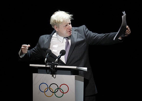 London mayor Boris Johnson, recites a Pindaric Ode for the 2012 Olympic Games during the Opening Ceremony of the International Olympic Committee session at London's Royal Opera House, on Monday