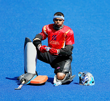 Goalie Sreejesh Parattu Raveendran of India looks on during practice