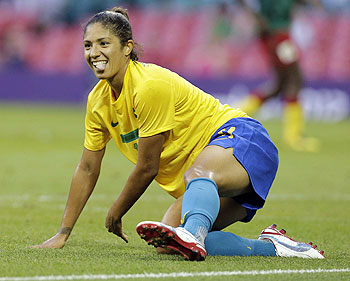 Brazil's Cristiane celebrates after scoring during the women's group E soccer match against Cameroon, at the Millennium Stadium in Cardiff, Wales on Wednesday