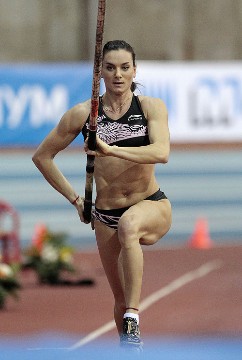 Yelena Isinbayeva of Russia competes in the women's pole vault event
