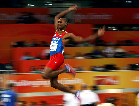 Irving Saladino of Panama competes in the Mens Long Jump Qualification