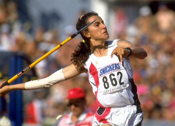 Ghada Shouaa of Syria in action during the Javelin section of the Hepathlon event