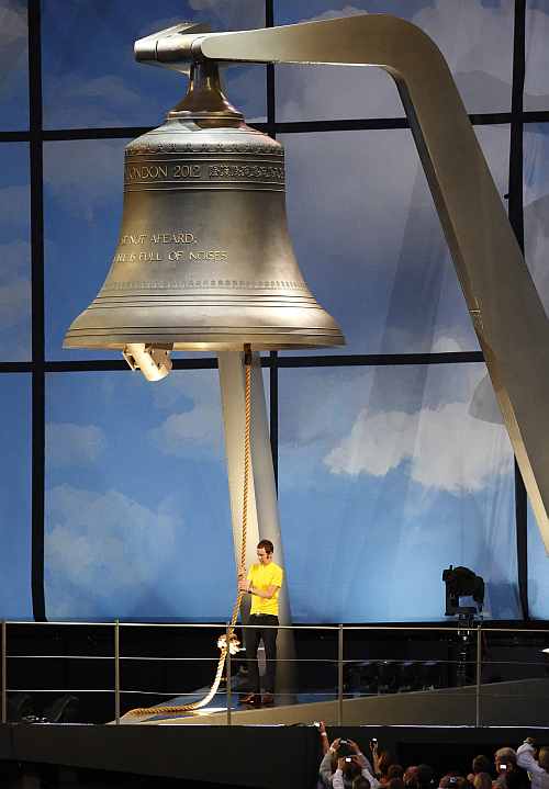 British cyclist Bradley Wiggins rings the Olympic Bell during the Opening Ceremony at the 2012 Summer Olympics