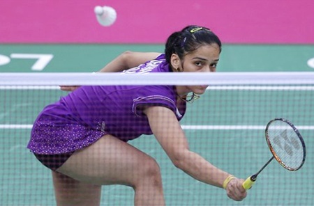 India's Saina Nehwal plays against Switzerland's Sabrina Jaquet
