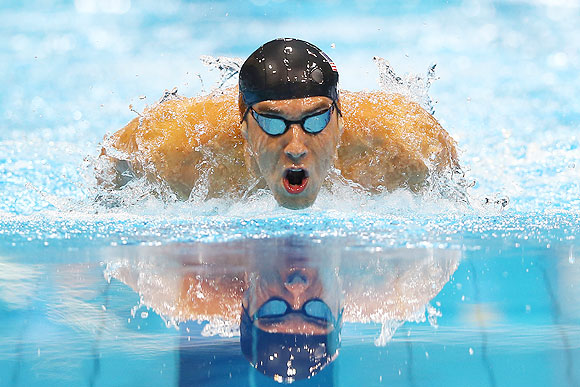 Michael Phelps of the United States competes in the final of the Men's 400m Individual Medley at the Aquatics Centre  on Saturday