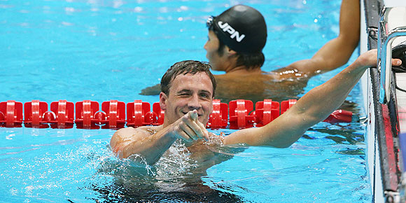 Ryan Lochte of the United States reacts after winning the final of the Men's 400m Individual Medley on Saturday