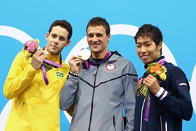 (L-R) Silver medalist Thiago Pereira of Brazil, Gold medalist Ryan Lochte of the United States and Bronze medalist Kosuke Hagino of Japan