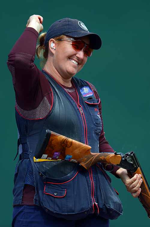 Kimberly Rhode of the United States reacts while competing in the Women's Skeet Shooting final