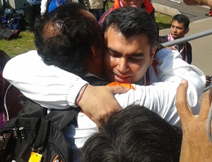 Gagan Narang get a hugh for Sportrs Minister Ajay Maken after clinching the bronze medal