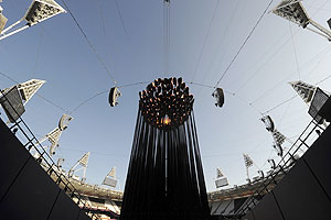 The London 2012 Olympic Cauldron sits in its new position in the Olympic Stadium in London on Monday