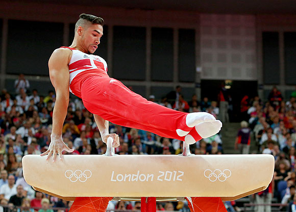 Louis Smith of Great Britain competes on the pommel horse in the Artistic Gymnastics Men