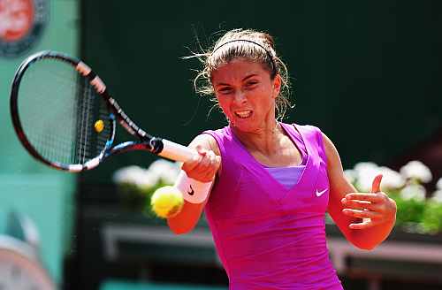 Sara Errani of Italy in action in her women's singles quarter final match against Angelique Kerber of Germany