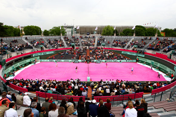 A general view of the pink clay court in the women's legends doubles semi final match between Martina Navratilova of USA and Jana Novotna of Czech Republic and Nathalie Tauziat and Sandrine Testud of France