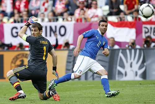 Italy's Antonio Di Natale scores a goal past Spain's goalkeeper Iker Casillas (L) during their Group C Euro 2012 soccer match at the PGE Arena