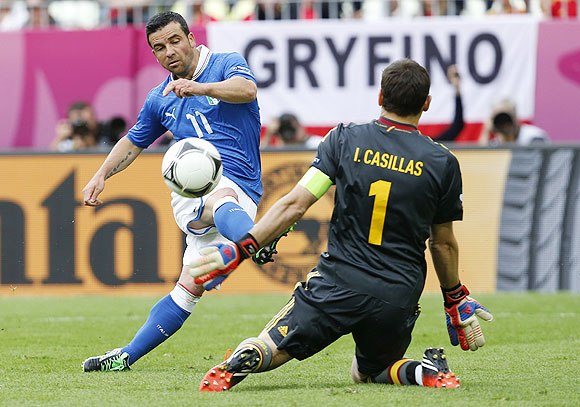 Italy's Antonio Di Natale scores past Spain's goalkeeper Iker Casillas