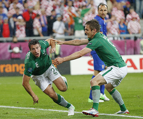 Ireland's Sean St Ledger celebrates with teammate Kevin Doyle (right)  after scoring the equaliser against Croatia