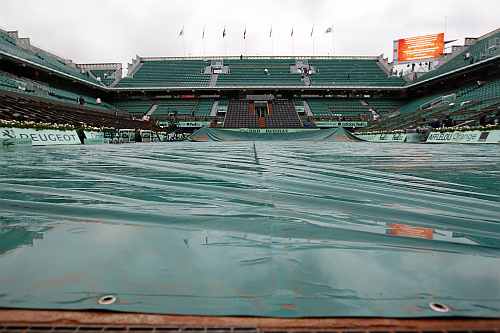 View of the Philippe Chartrier court as the men's singles final match was suspended for the day after rain stopped play during the French Open tennis tournament