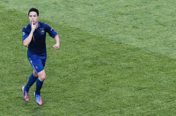 France's Samir Nasri celebrates a goal against England during the Euro 2012 Group D soccer match at Donbass Arena in Donetsk