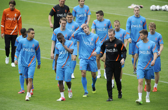 Netherlands soccer players attend a training session during Euro 2012
