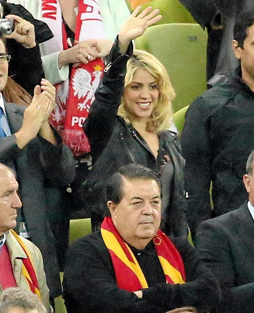 Colombian singer Shakira (centre) is pictured in the stands during the Group C Euro match