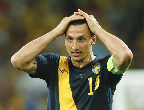 Sweden's Zlatan Ibrahimovic reacts after losing their Group D Euro 2012 soccer match against Ukraine at the Olympic stadium in Kiev