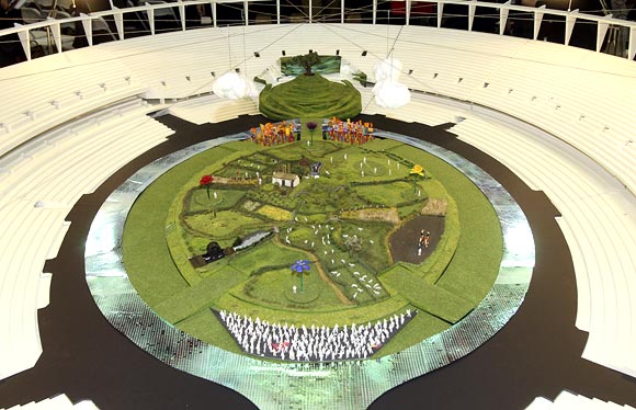 A model of London's Olympic stadium shows it transformed into a British meadow for the opening ceremony, in this undated handout photograph released in London