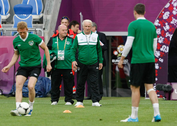 Ireland's head coach Giovanni Trapattoni (C) attends an official training session in Poznan