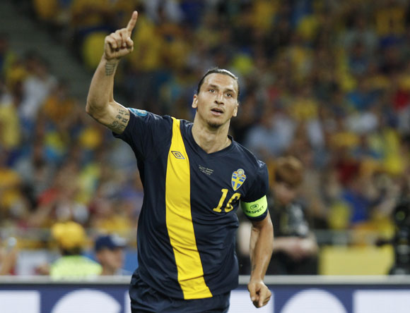 Sweden's Zlatan Ibrahimovic celebrates after scoring against Ukraine during their Group D Euro 2012 soccer match at the Olympic stadium in Kiev