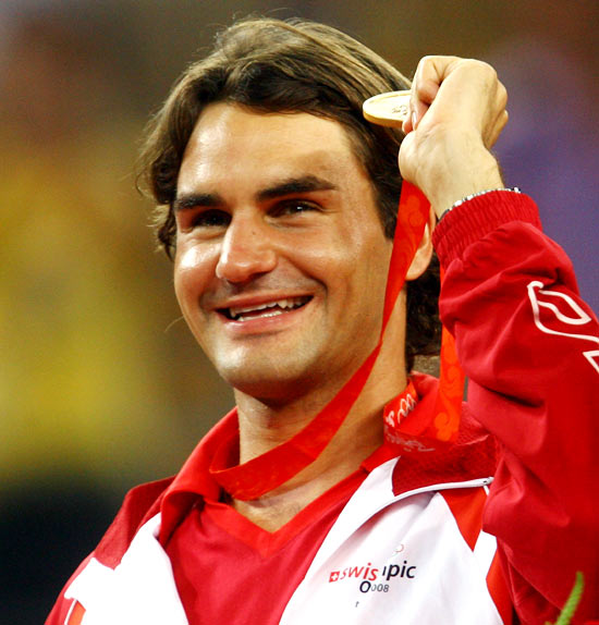 Roger Federer celebrates after winning the men's doubles gold medal at the 2008 Olympic Games in Beijing