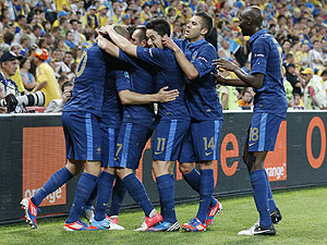 French players celebrate after scoring against Ukraine