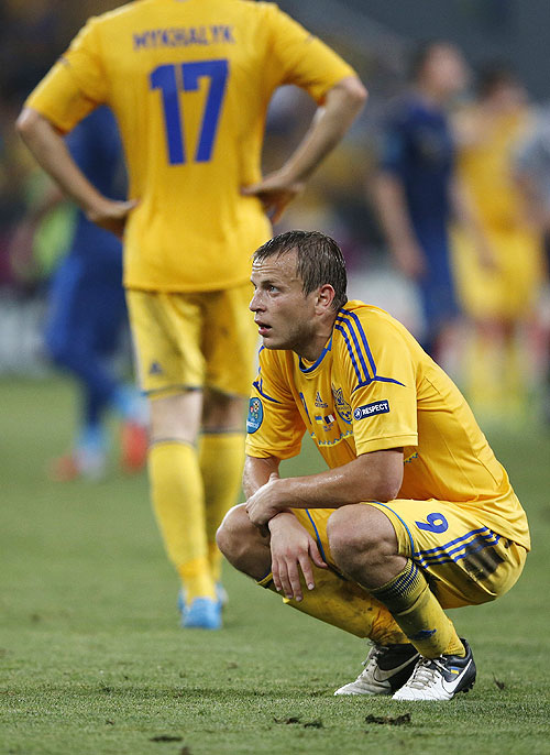 Ukraine's Oleh Gusev is dejected at the end of their match against France