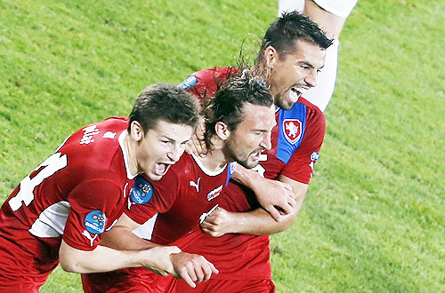 Czech Republic's Petr Jiracek (centre) celebrates his goal