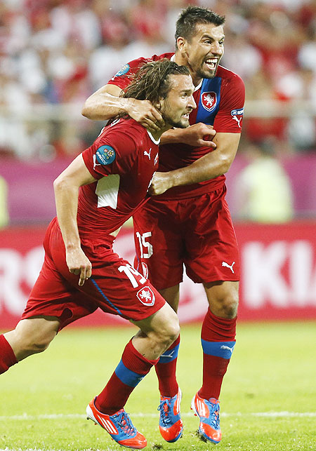 Scorer Czech Republic's Petr Jiracek (left) celebrates