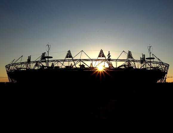 A general view of the Olympic stadium at sunset in London