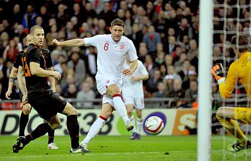 Gary Cahill scores for England during his match against Netherlands during their international friendly match at Wembley Stadium