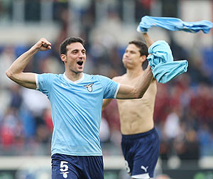 Lazio's Lionel Scaloni celebrates after defeatin AS ROma in their Serie A match at Stadio Olimpico on Sunday