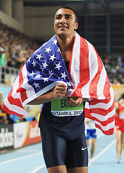 Gold medalist Ashton Eaton of the United States celebrates after a record in the Men's 1000 Metres Heptathlon event