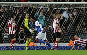 Blackburn Rovers' Junior Hoilett (centre) celebrates after scoring against Sunderland during their English Premier League match on Tuesday